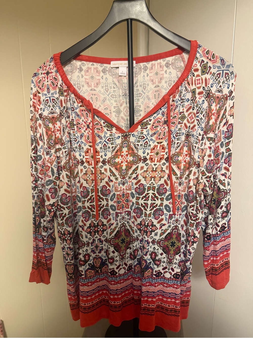Westport Coral Multi Geometric & Floral Tunic with Tie Neck